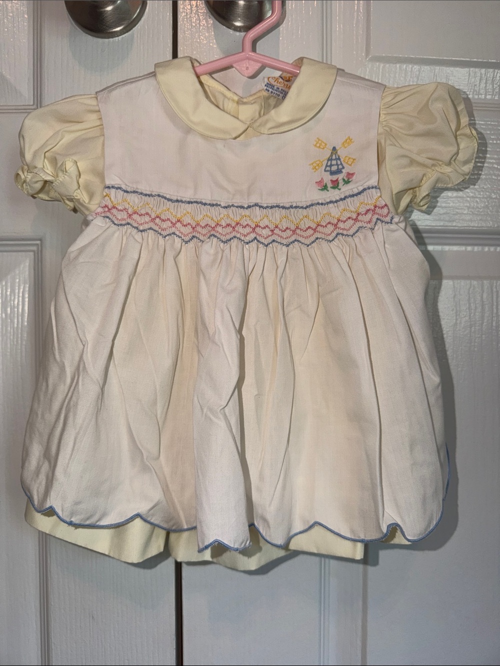 Cherubs Smocked Cream & Yellow  Dress w/ removable pinafore 12 mo. VINTAGE